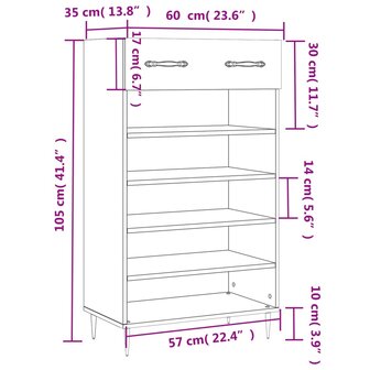 Schoenenkast 60x35x105 cm bewerkt hout grijs sonoma eikenkleur 12