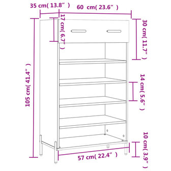 Schoenenkast 60x35x105 cm bewerkt hout grijs sonoma eikenkleur 12