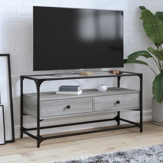 Tv-meubel met glazen blad 98x35x51 cm bewerkt hout grijs sonoma 1