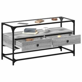 Tv-meubel met glazen blad 98x35x51 cm bewerkt hout grijs sonoma 3