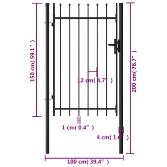 Poort met puntige bovenkant enkel 1x1,5 m staal zwart 5