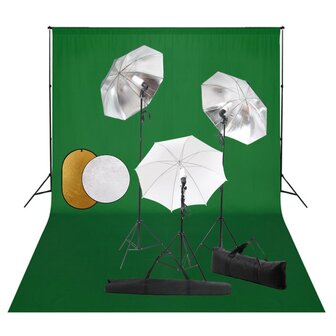 Fotostudioset met lampen, paraplu&amp;apos;s, achtergrond en reflector 1