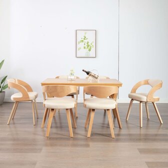 Eetkamerstoelen 6 st gebogen hout en kunstleer cr&egrave;me 1