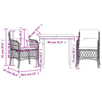 3-delige Bistroset met kussens poly rattan zwart 7