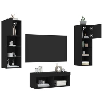 4-delige tv-wandmeubelset met LED-verlichting zwart 1