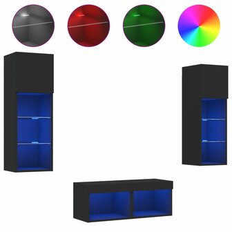 4-delige tv-wandmeubelset met LED-verlichting zwart 2