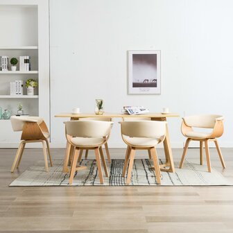 Eetkamerstoelen 6 st gebogen hout en kunstleer cr&egrave;me 1