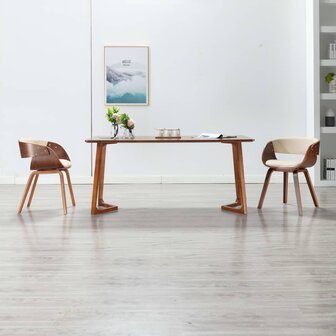 Eetkamerstoelen 2 st gebogen hout en kunstleer cr&egrave;mekleurig 1