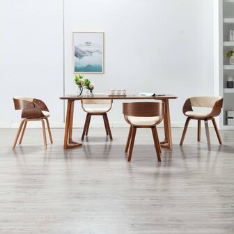 Eetkamerstoelen 4 st gebogen hout en kunstleer cr&egrave;mekleurig 1