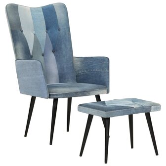 Fauteuil met voetensteun patchwork canvas blauw denim 1