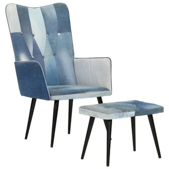 Fauteuil met voetensteun patchwork canvas blauw denim 12