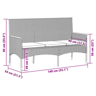 Tuinbank 3-zits met kussens poly rattan grijs 8