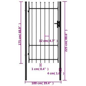 Poort met puntige bovenkant enkel 1x1,75 m staal zwart 5