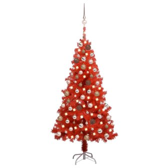 Kunstkerstboom met verlichting en kerstballen 150 cm PVC rood 1