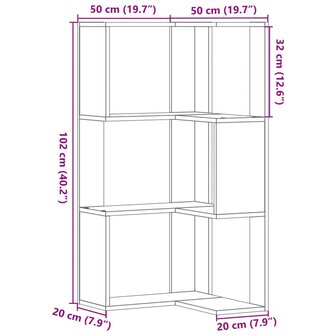 Hoekboekenkast 3-laags 50x50x102 cm bewerkt hout bruin eiken 9