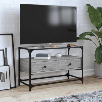 Tv-meubel met glazen blad 80x35x51 cm bewerkt hout grijs sonoma 1