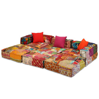 Poef driezits modulair stof patchwork 2