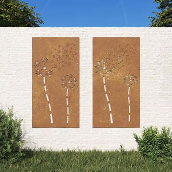 Wanddecoratie tuin 2 st bloemenontwerp 105x55 cm cortenstaal 1