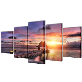 Canvas muurdruk set zandstrand met paviljoen 200 x 100 cm 1