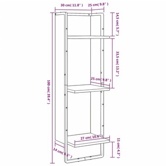 Wandrek 3-laags 30x25x100 cm bewerkt hout sonoma eikenkleurig 8