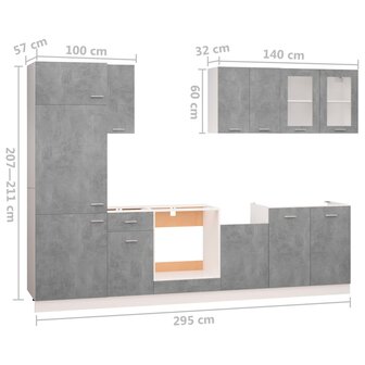 8-delige Keukenkastenset bewerkt hout betongrijs 8