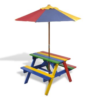 Kinderpicknicktafel met banken en parasol hout meerkleurig 1