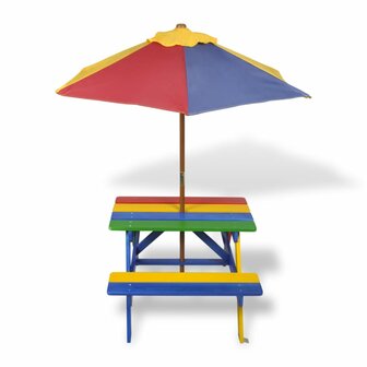 Kinderpicknicktafel met banken en parasol hout meerkleurig 2