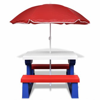 Kinderpicknicktafel met banken en parasol meerkleurig 2