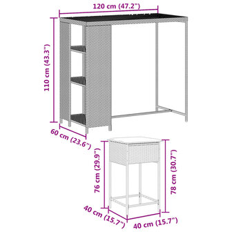 3-delige Tuinbarset met kussens poly rattan zwart 8