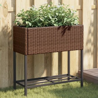 Plantenbak met schap poly rattan bruin 1