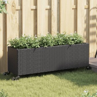 Plantenbak met wielen 3 potten 107x32x38 cm poly rattan zwart 1