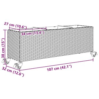 Plantenbak met wielen 3 potten 107x32x38 cm poly rattan bruin 11