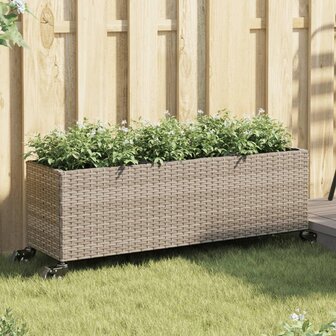 Plantenbak met wielen 3 potten 107x32x38 cm poly rattan grijs 1