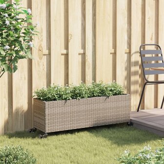 Plantenbak met wielen 3 potten 107x32x38 cm poly rattan grijs 3