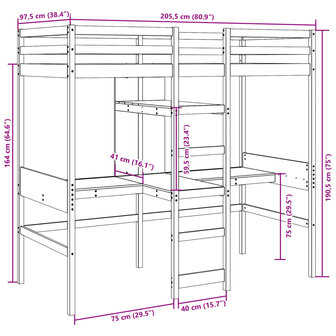 Hoogslaper met bureau en schappen massief grenenhout 90x200cm 10