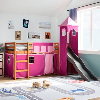 Kinderhoogslaper met toren 90x200 cm massief grenenhout roze 1