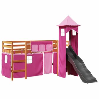 Kinderhoogslaper met toren 90x200 cm massief grenenhout roze 2