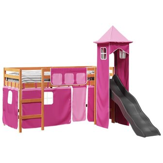 Kinderhoogslaper met toren 90x200 cm massief grenenhout roze 4