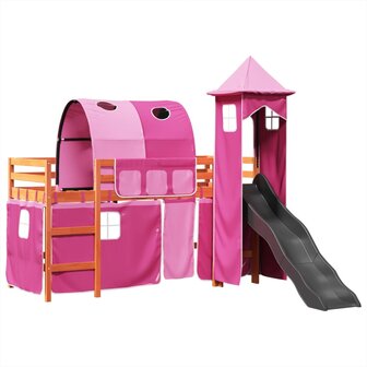 Kinderhoogslaper met toren 90x200 cm massief grenenhout roze 2