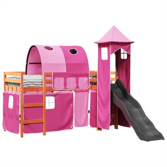 Kinderhoogslaper met toren 90x200 cm massief grenenhout roze 4