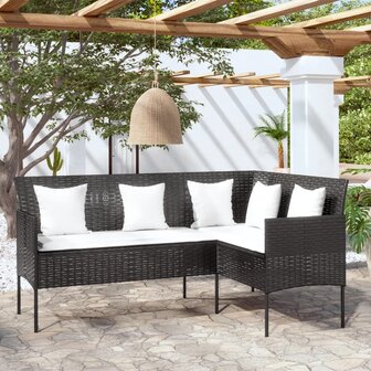 Loungebank met kussens L-vormig poly rattan zwart 1