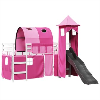 Kinderhoogslaper met toren 90x200 cm massief grenenhout roze 2