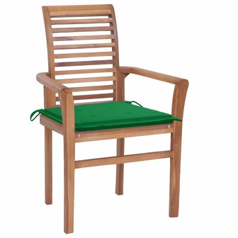 Eetkamerstoelen 4 st met groene kussens massief teakhout 2