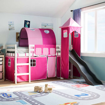 Kinderhoogslaper met toren 90x190 cm massief grenenhout roze 1