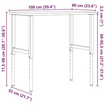 Werkbank rechthoekig 100x60x(71,5-98) cm massief eikenhout 12