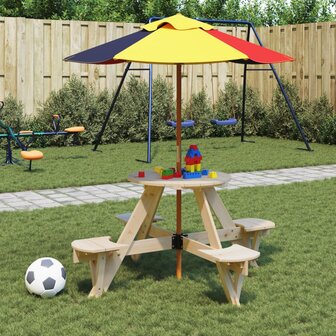 Picknicktafel voor 4 kinderen met parasol rond vurenhout 1