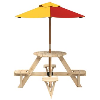 Picknicktafel voor 4 kinderen met parasol rond vurenhout 3