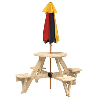 Picknicktafel voor 4 kinderen met parasol rond vurenhout 6