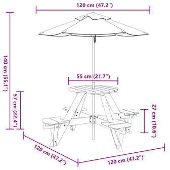 Picknicktafel voor 4 kinderen met parasol rond vurenhout 11