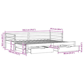 Slaapbank met onderschuifbed en lades 90x190 cm grenenhout 12